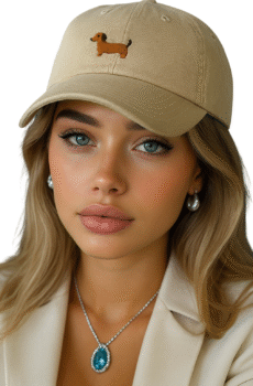 Gorra minimalista para mujer con bordado de perro salchicha. Disponible en colores beige, blanco y café. Diseño moderno, cómodo y ajustable de estilo casual.