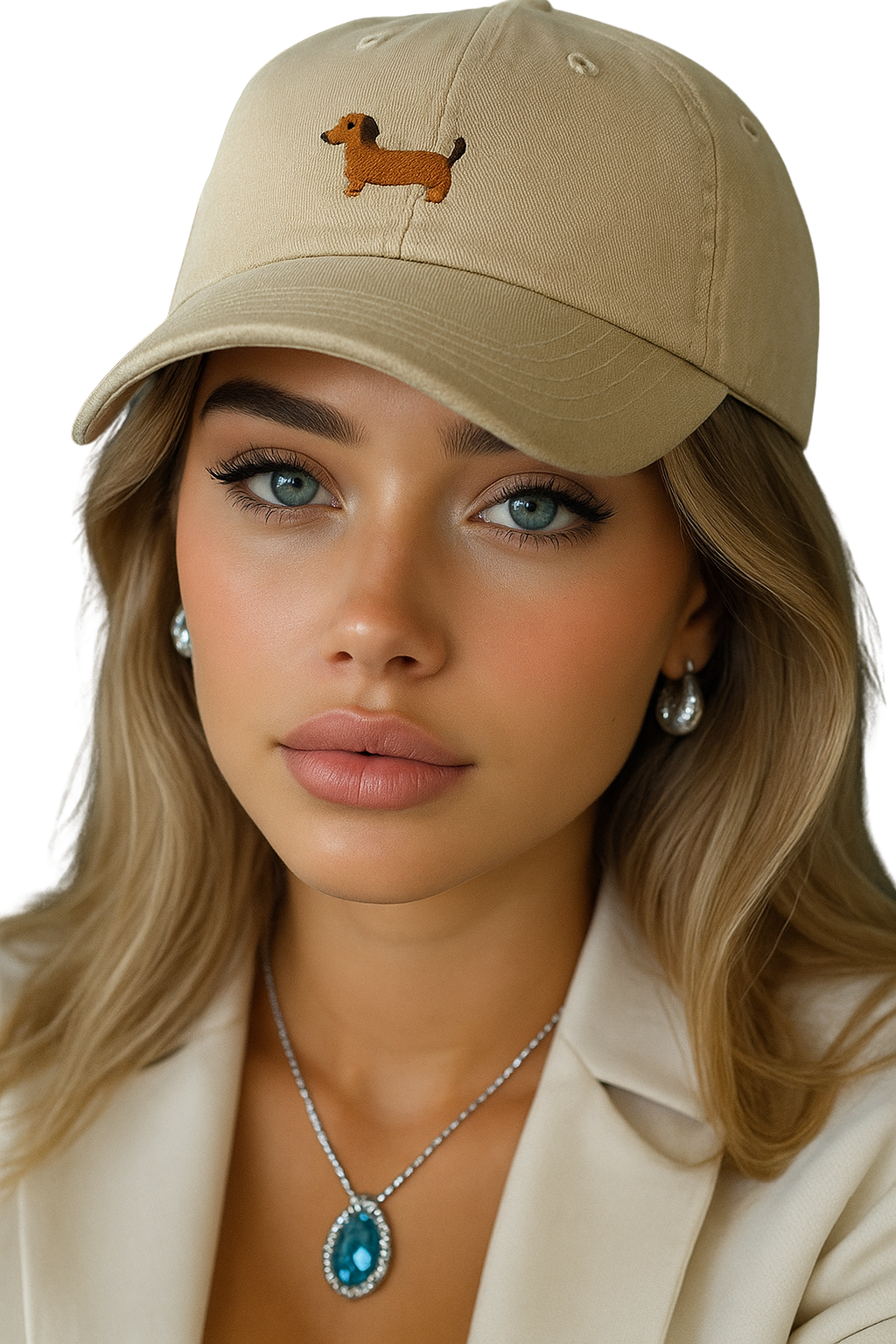 Gorra minimalista para mujer con bordado de perro salchicha. Disponible en colores beige, blanco y café. Diseño moderno, cómodo y ajustable de estilo casual.